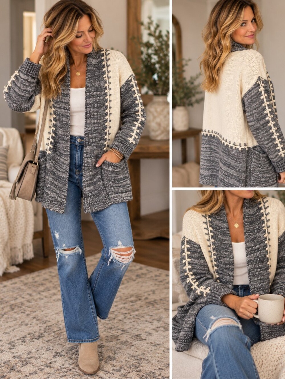 Billabong Gray Cream Marled Open Front Cardigan Sweater